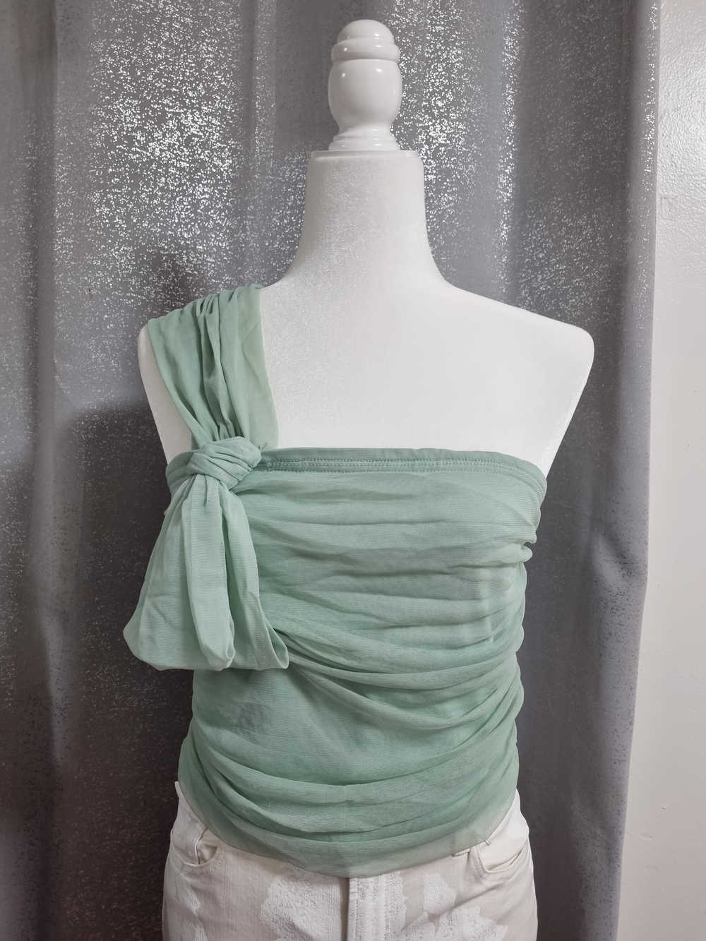 Anthropologie Maeve Sage Green One Shoulder Bow Ruched Mesh Top Medium
